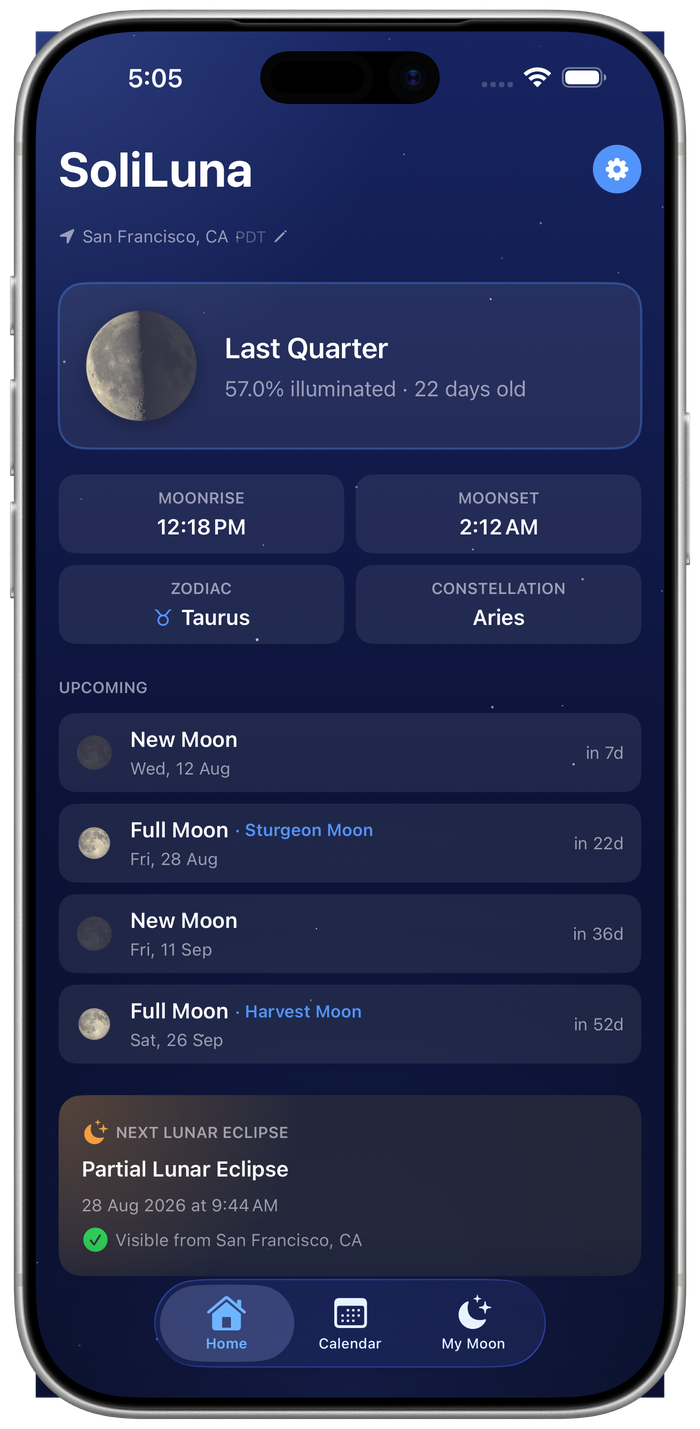 SoliLuna Home screen showing today's moon phase