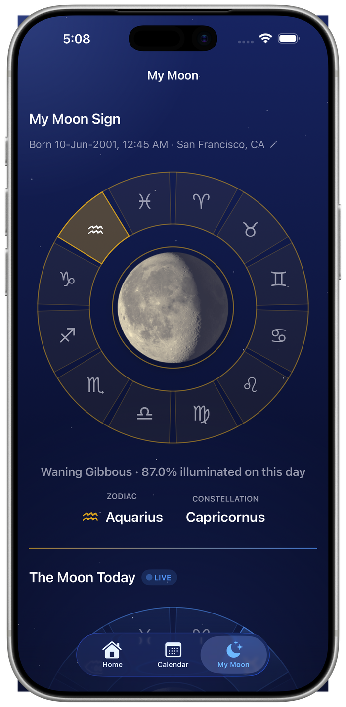 The My Moon Sign zodiac wheel screen