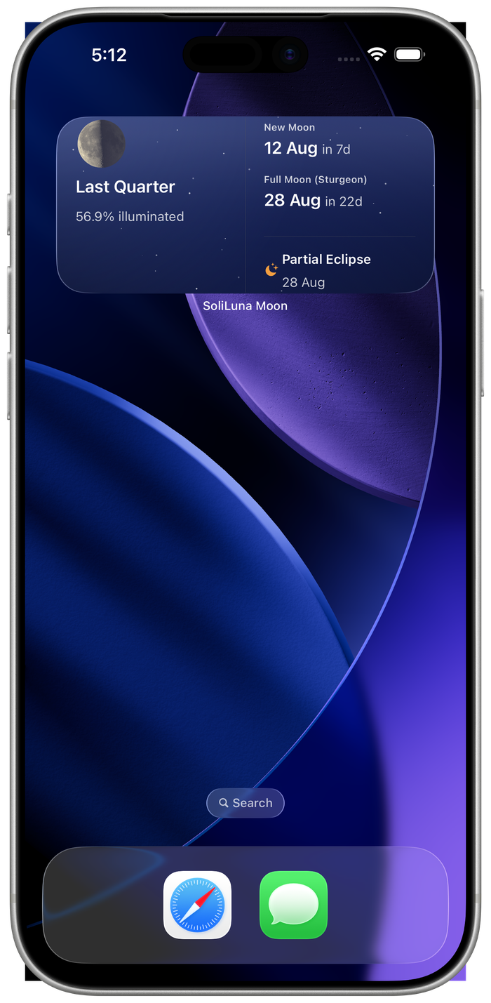 A Home Screen widget showing the moon phase